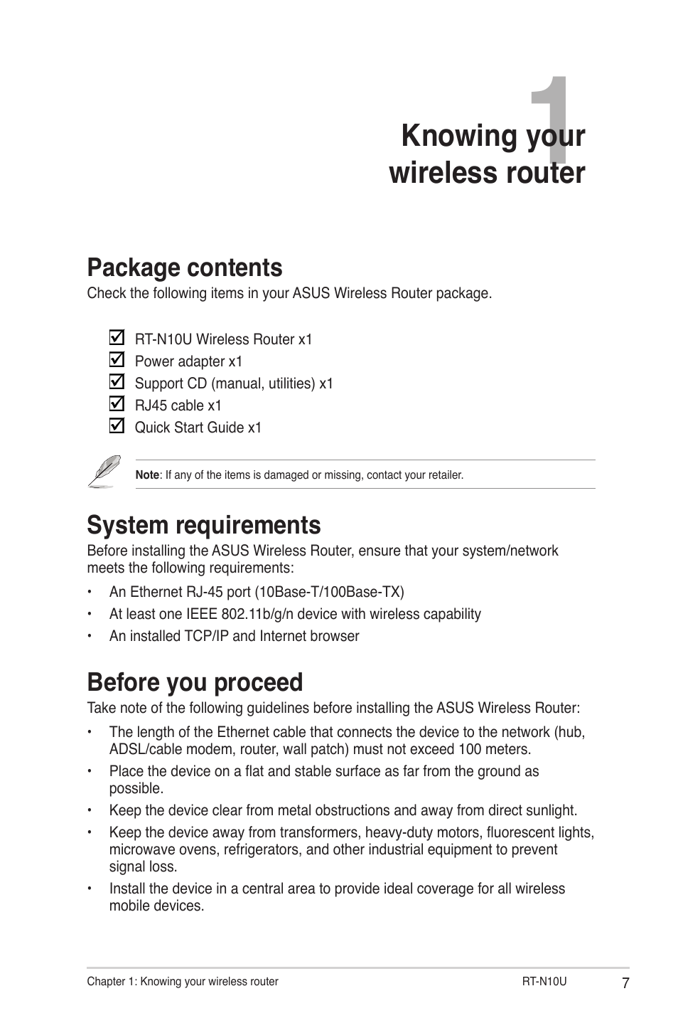 Chapter 1: knowing your wireless router, Package contents, System requirements | Before you proceed, Knowing your wireless router | Asus RT-N10U User Manual | Page 7 / 60