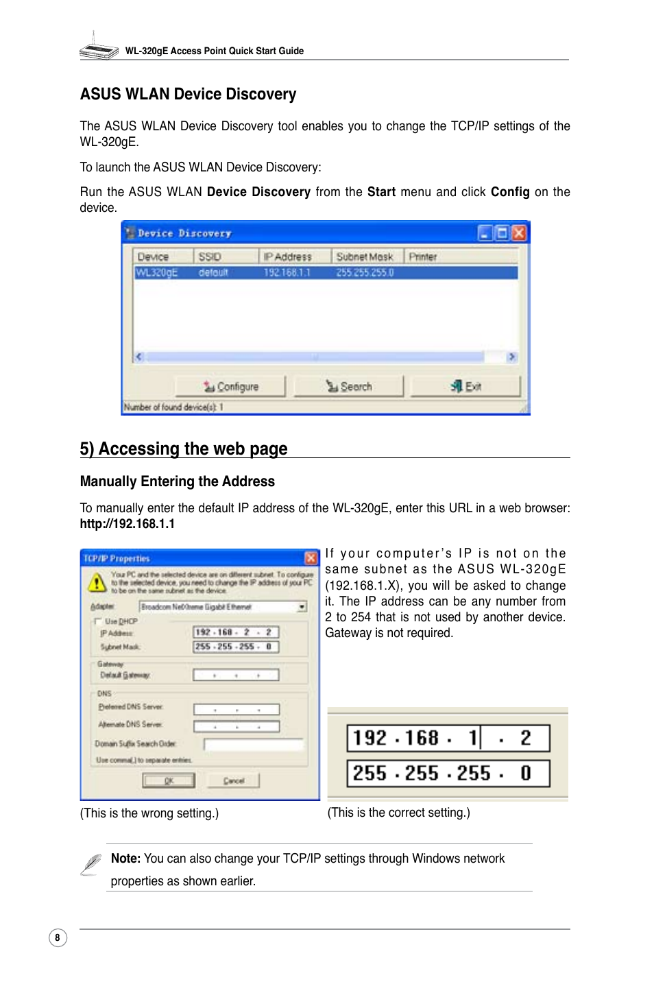 5) accessing the web page, Asus wlan device discovery | Asus WL-320gE User Manual | Page 10 / 20