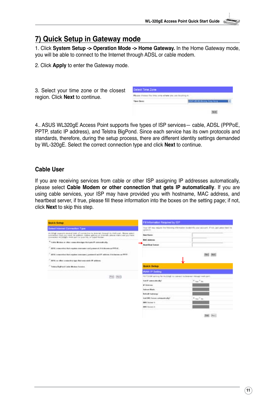 7) quick setup in gateway mode | Asus WL-320gE User Manual | Page 13 / 20