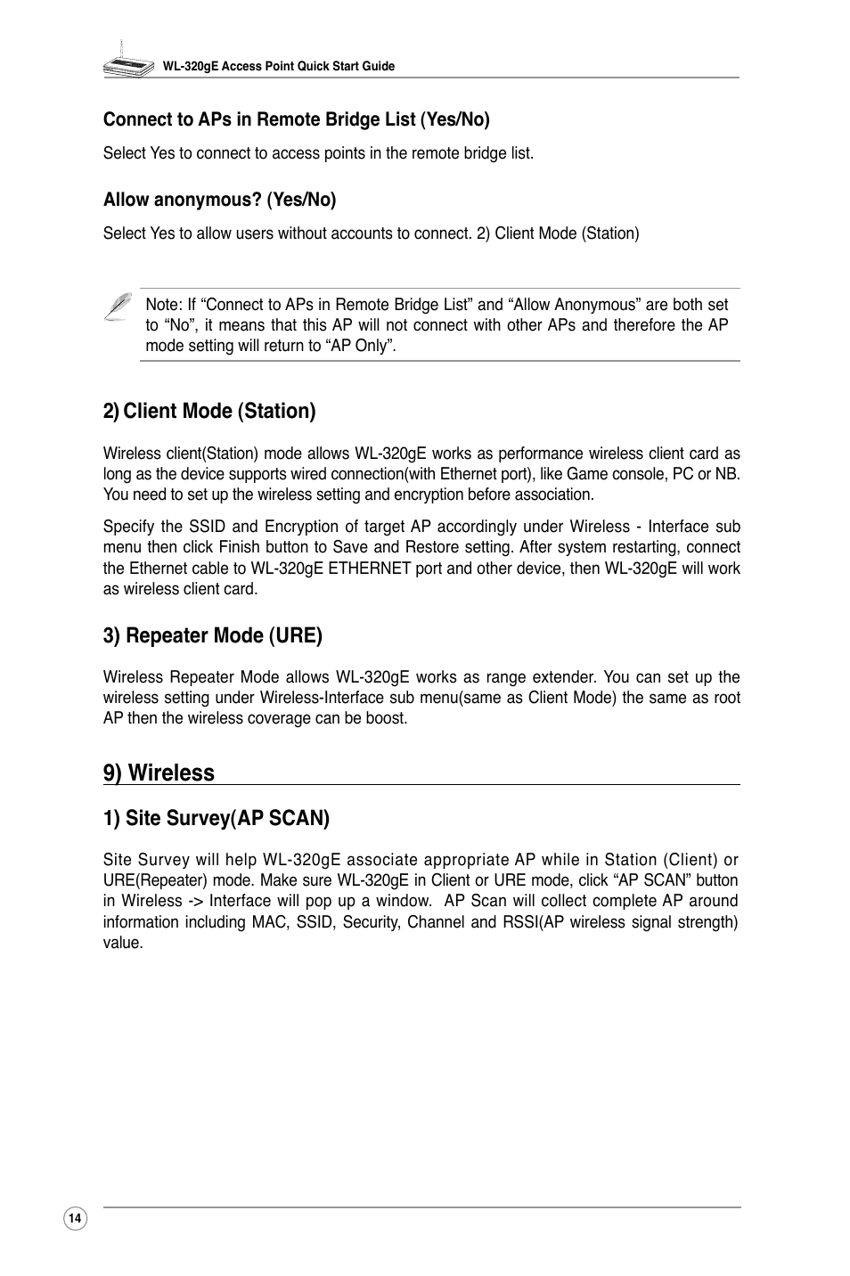 9) wireless, 2) client mode (station), 3) repeater mode (ure) | 1) site survey(ap scan) | Asus WL-320gE User Manual | Page 16 / 20