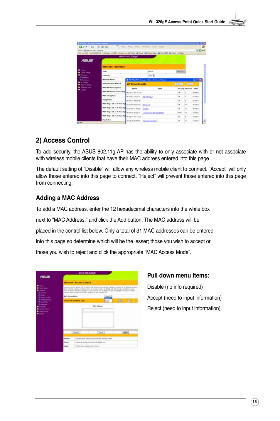 2) access control | Asus WL-320gE User Manual | Page 17 / 20