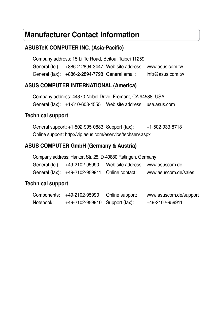 Manufacturer contact information | Asus WL-320gE User Manual | Page 2 / 20