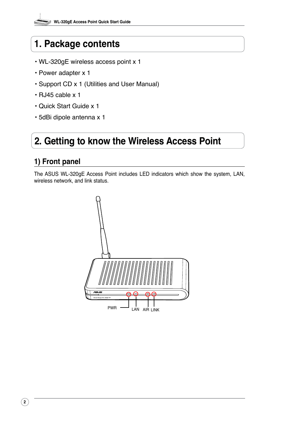 1) front panel | Asus WL-320gE User Manual | Page 4 / 20