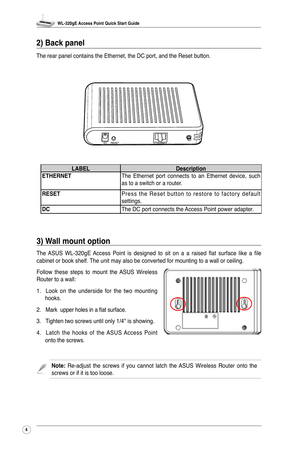 3) wall mount option, 2) back panel | Asus WL-320gE User Manual | Page 6 / 20