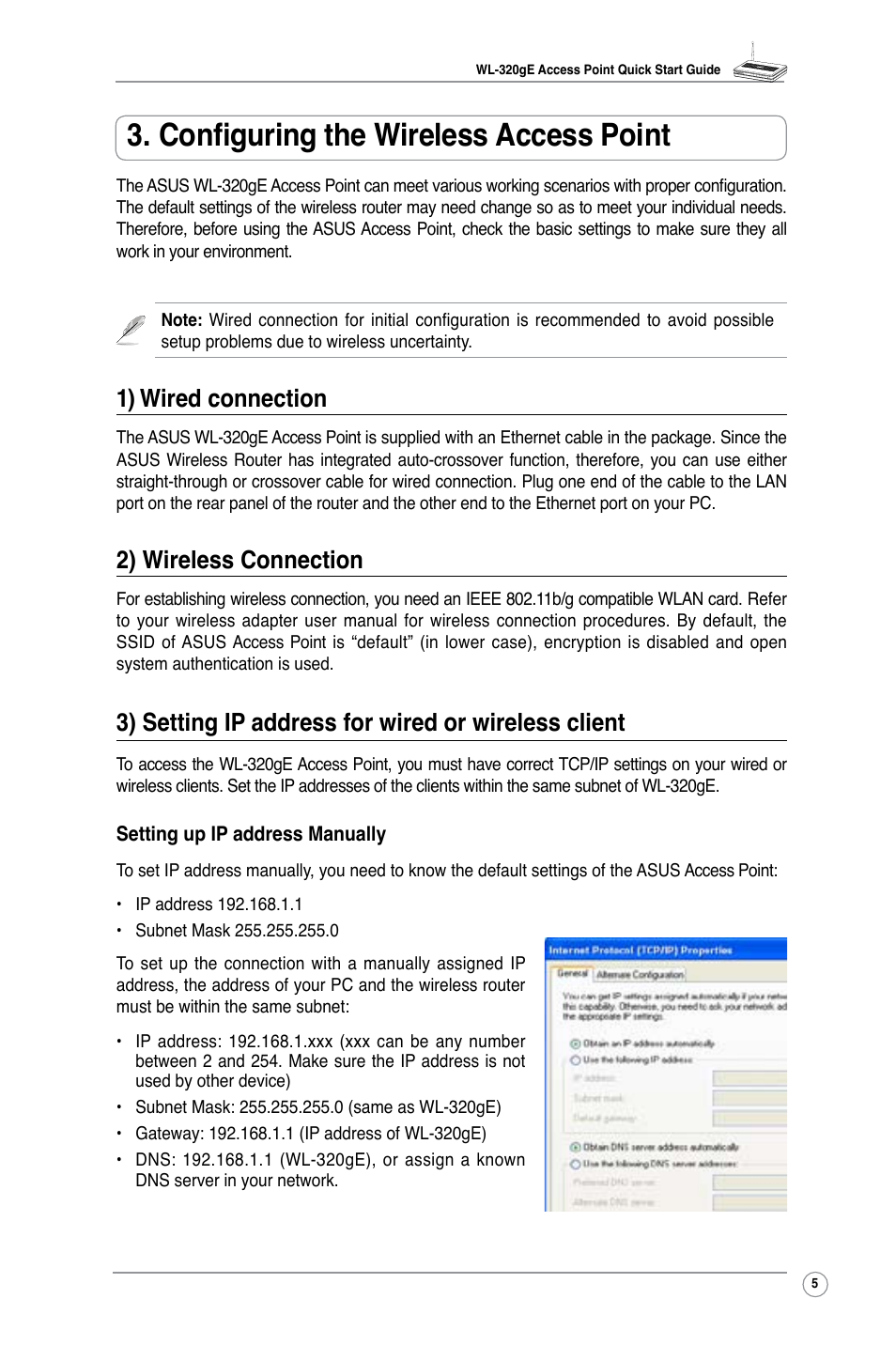 Configuring the wireless access point, 1) wired connection, 2) wireless connection | 3) setting ip address for wired or wireless client | Asus WL-320gE User Manual | Page 7 / 20