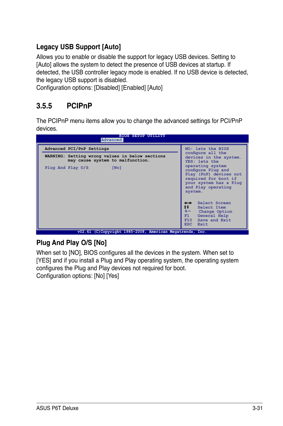 5 pcipnp, Pcipnp -31, Plug and play o/s [no | Legacy usb support [auto | Asus P6T Deluxe User Manual | Page 101 / 196