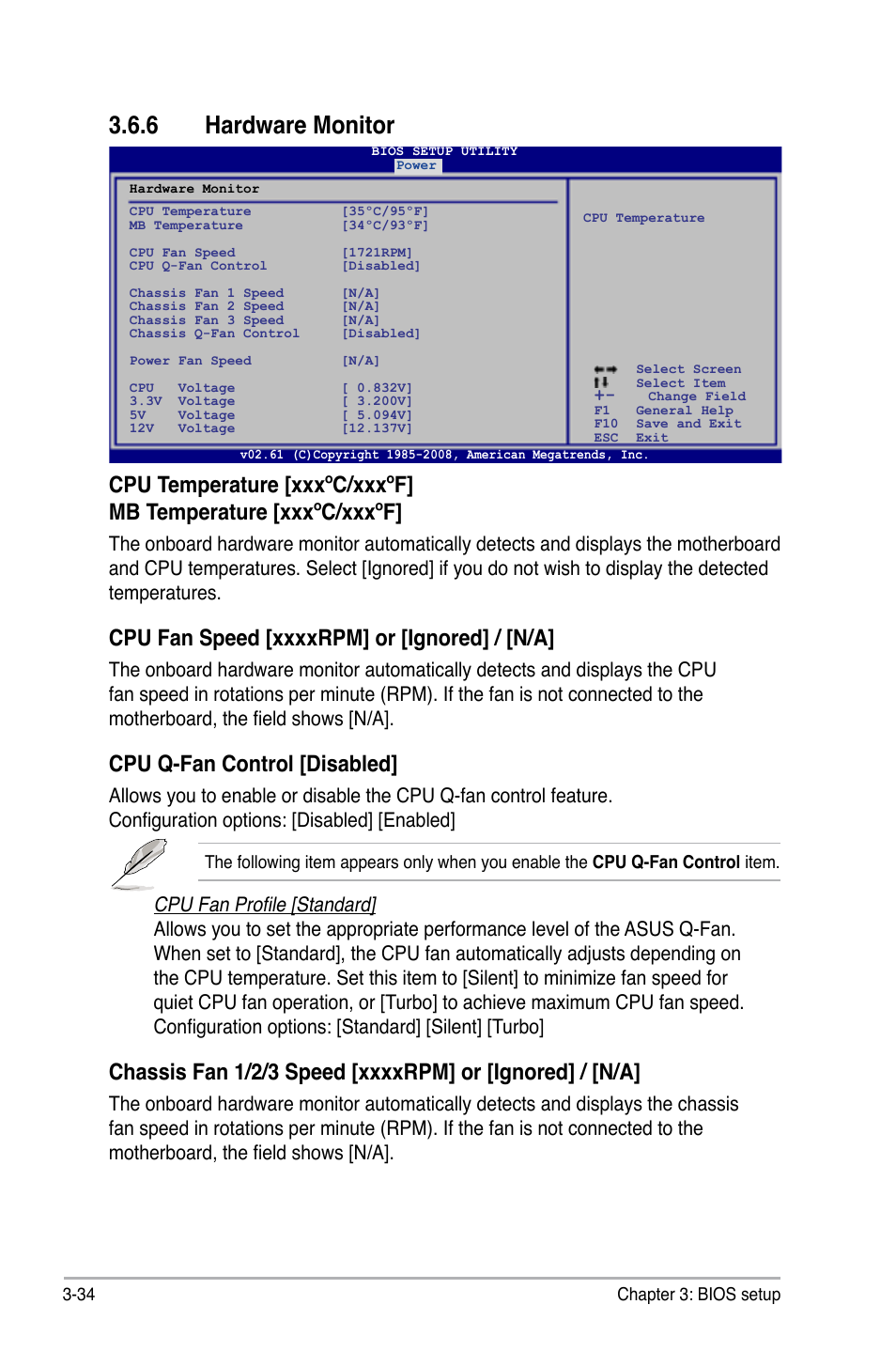 6 hardware monitor, Hardware monitor -34, Cpu q-fan control [disabled | Asus P6T Deluxe User Manual | Page 104 / 196