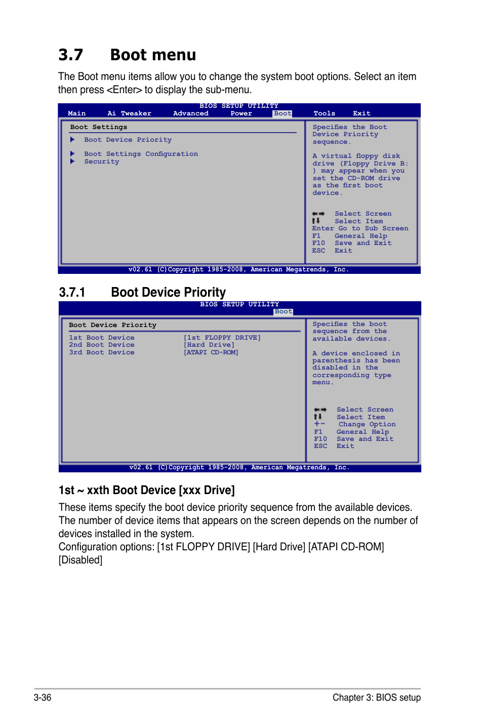 7 boot menu, 1 boot device priority, Boot menu -36 3.7.1 | Boot device priority -36, 1st ~ xxth boot device [xxx drive | Asus P6T Deluxe User Manual | Page 106 / 196