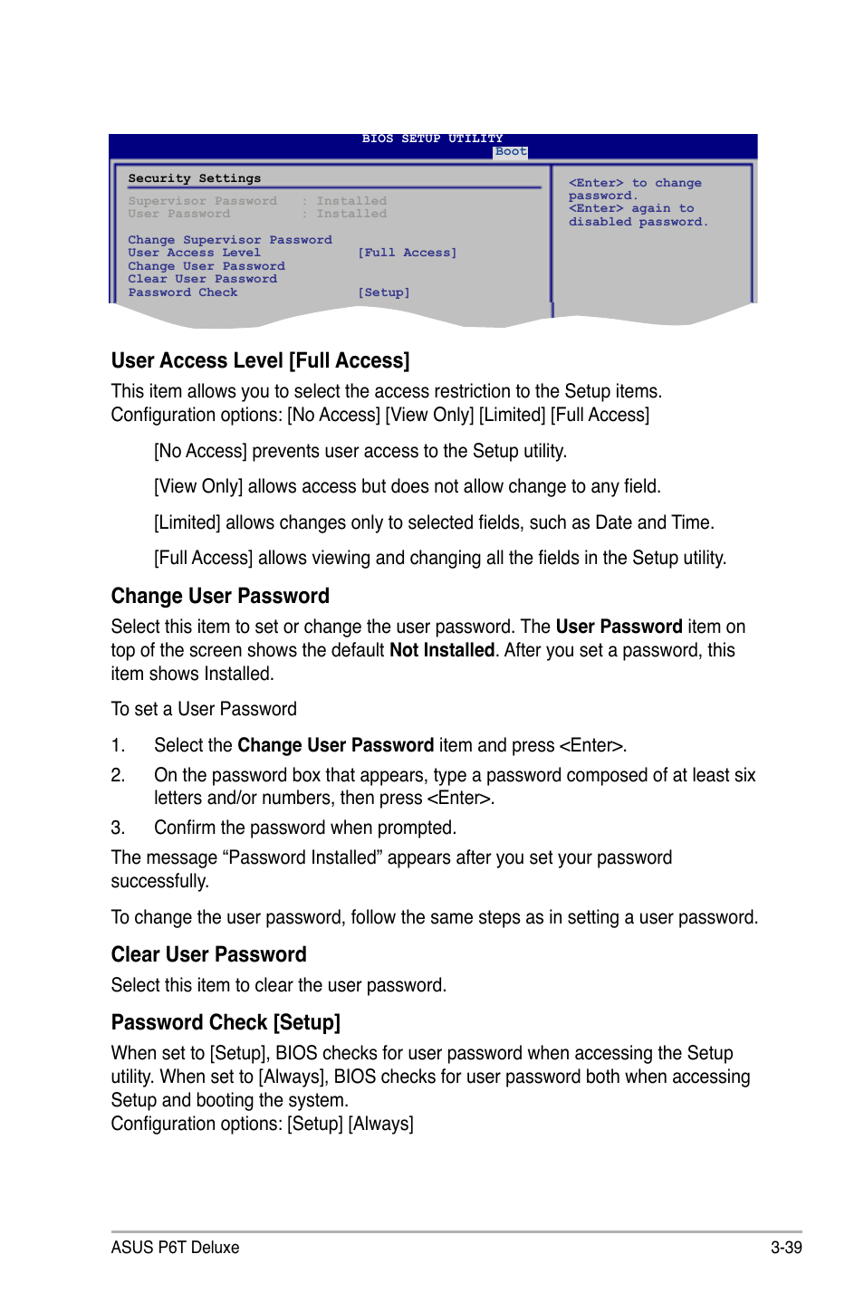 User access level [full access, Change user password, Clear user password | Password check [setup | Asus P6T Deluxe User Manual | Page 109 / 196