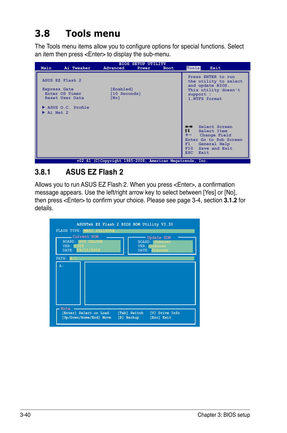 8 tools menu, 1 asus ez flash 2, Tools menu -40 3.8.1 | Asus ez flash 2 -40 | Asus P6T Deluxe User Manual | Page 110 / 196