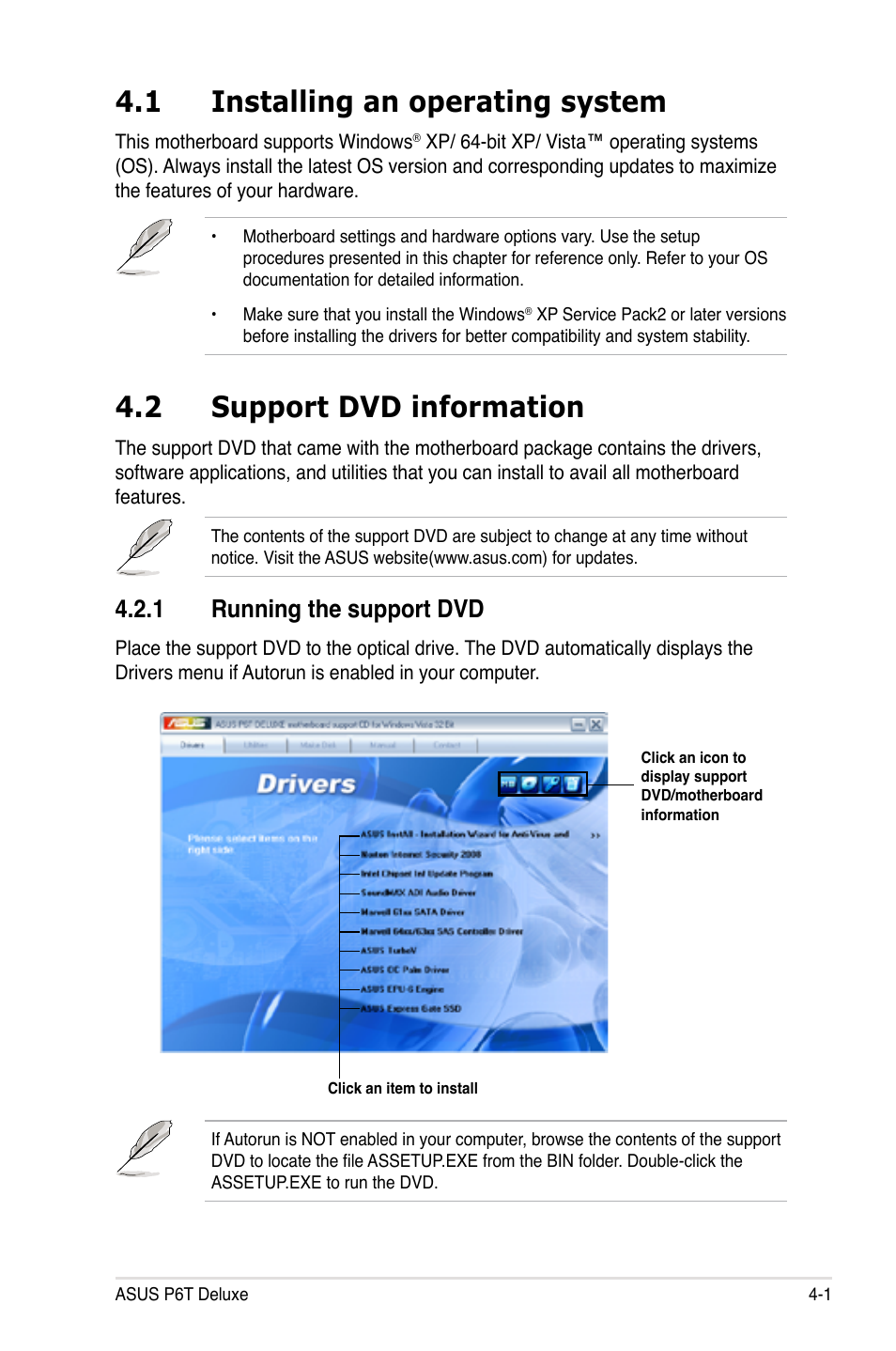 1 installing an operating system, 2 support dvd information, 1 running the support dvd | Installing an operating system -1, Support dvd information -1 4.2.1, Running the support dvd -1 | Asus P6T Deluxe User Manual | Page 117 / 196