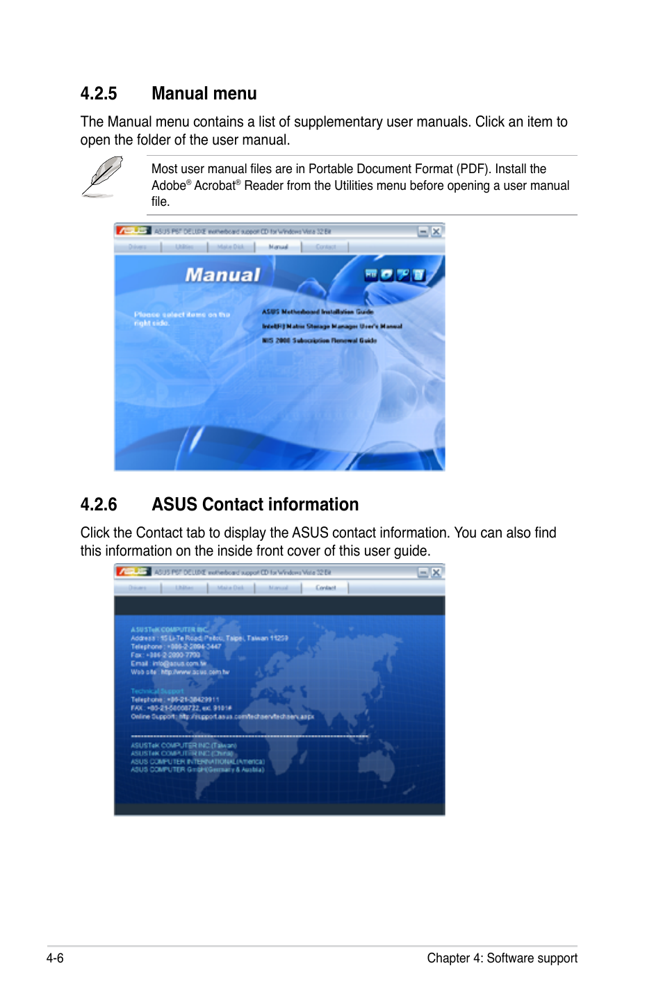 5 manual menu, 6 asus contact information, Manual menu -6 | Asus contact information -6 | Asus P6T Deluxe User Manual | Page 122 / 196