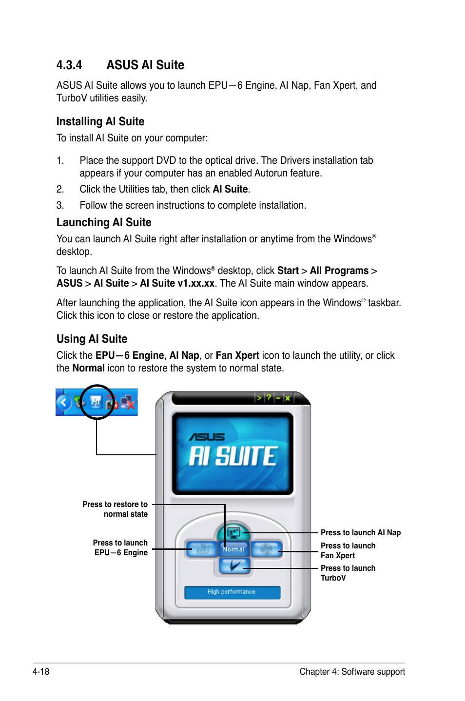 4 asus ai suite, 4 asus ai suite -18, Installing ai suite | Launching ai suite, Using ai suite | Asus P6T Deluxe User Manual | Page 134 / 196