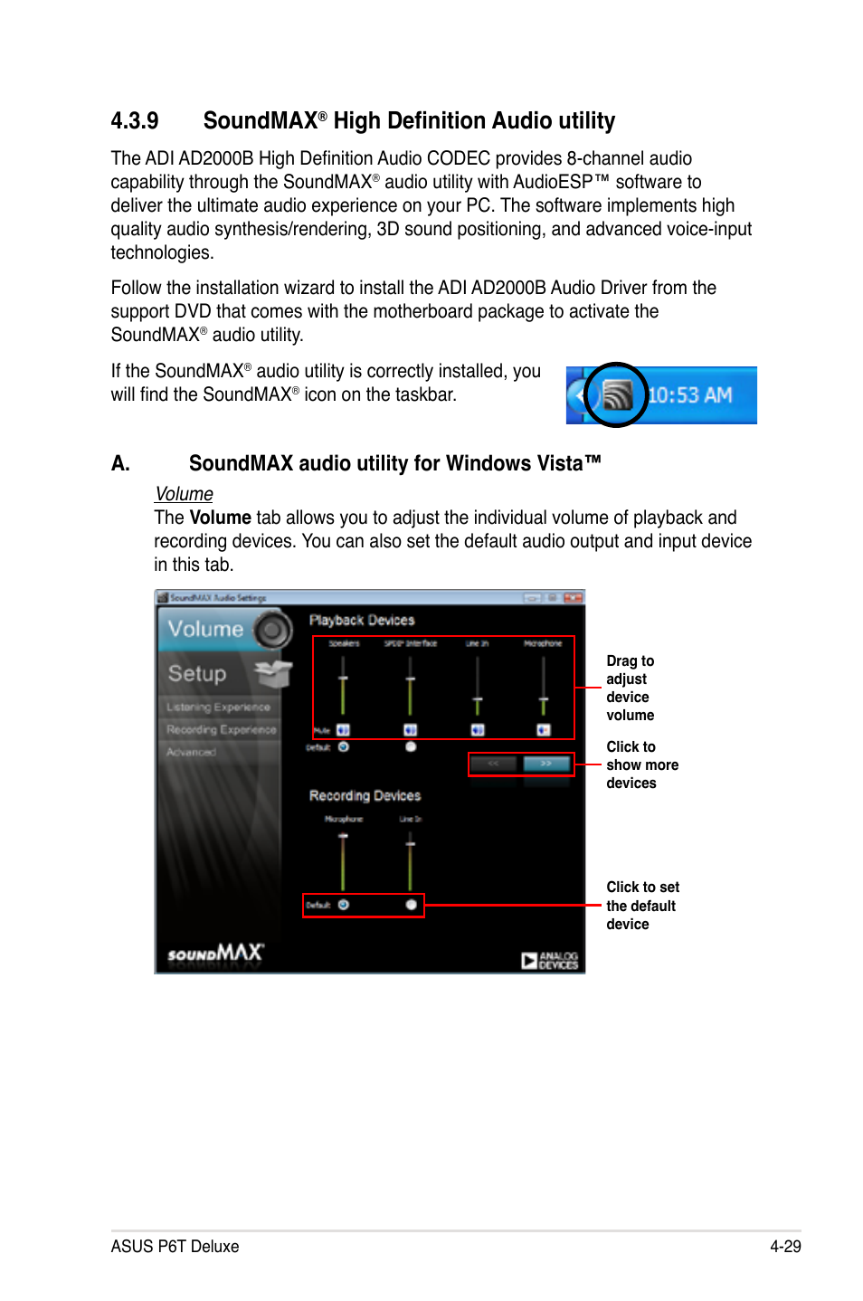 9 soundmax® high definition audio utility, Soundmax, High definition audio utility -29 | 9 soundmax, High definition audio utility, A. soundmax audio utility for windows vista | Asus P6T Deluxe User Manual | Page 145 / 196