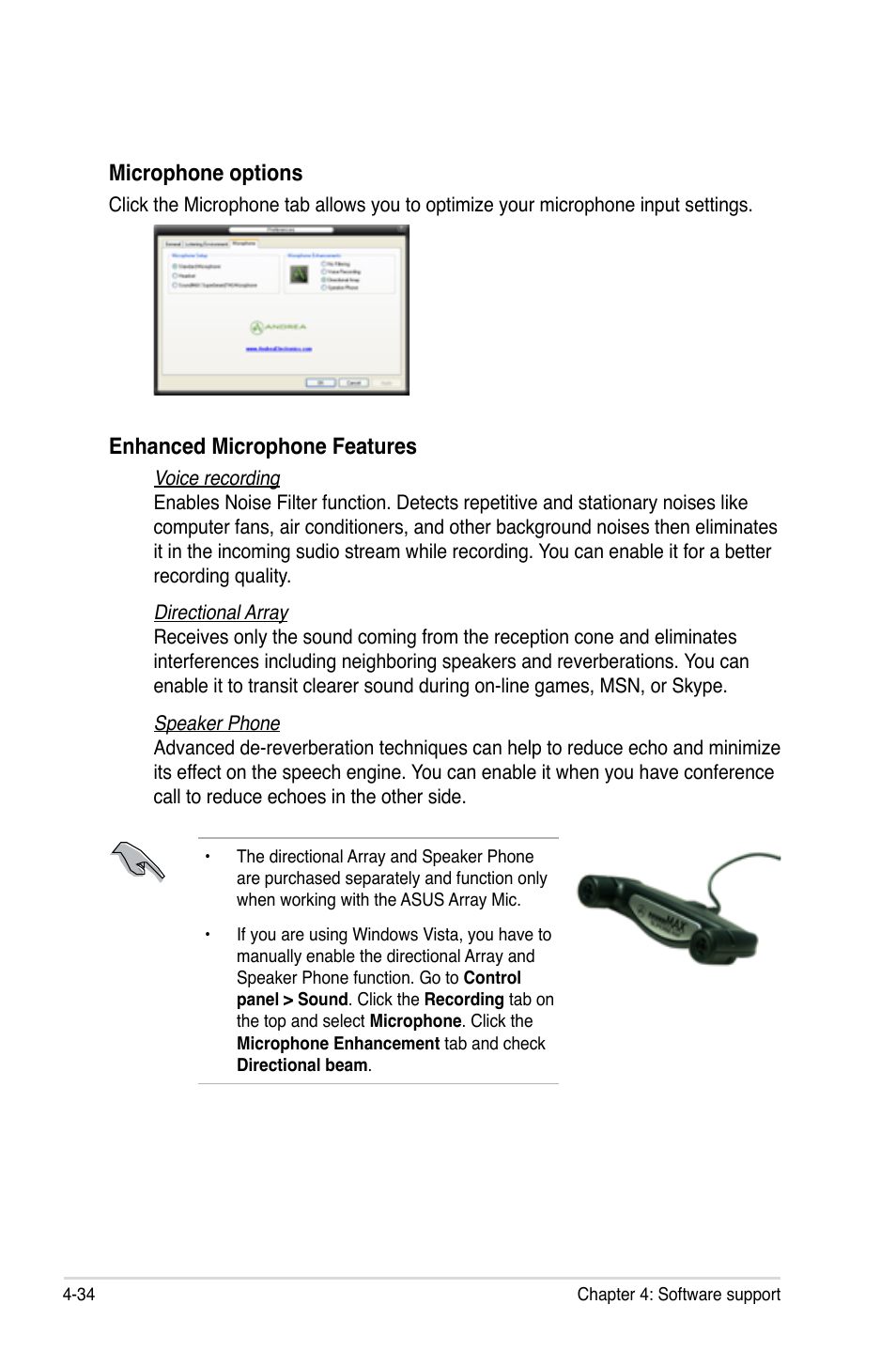 Microphone options, Enhanced microphone features | Asus P6T Deluxe User Manual | Page 150 / 196