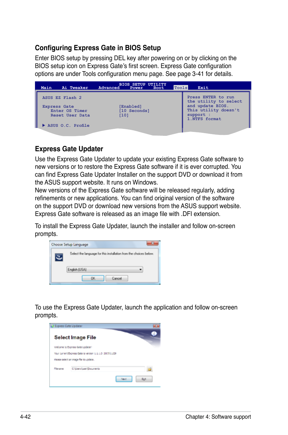 Configuring express gate in bios setup, Express gate updater | Asus P6T Deluxe User Manual | Page 158 / 196