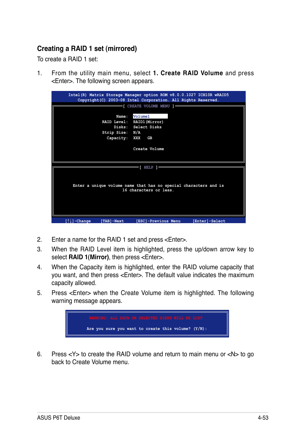 Creating a raid 1 set (mirrored) | Asus P6T Deluxe User Manual | Page 169 / 196