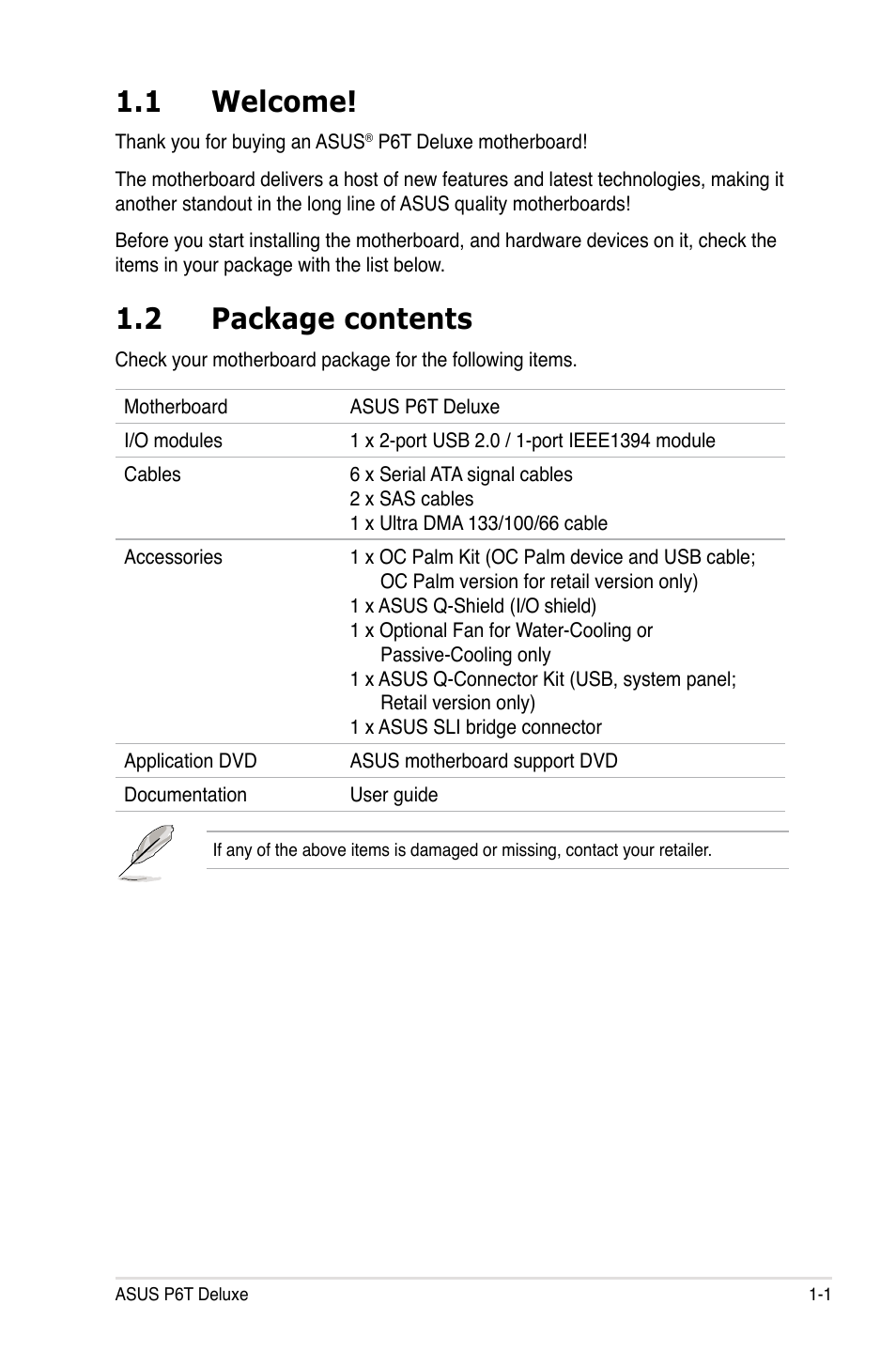 1 welcome, 2 package contents, Welcome! -1 | Package contents -1 | Asus P6T Deluxe User Manual | Page 17 / 196