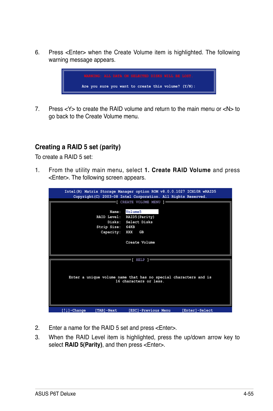 Creating a raid 5 set (parity) | Asus P6T Deluxe User Manual | Page 171 / 196