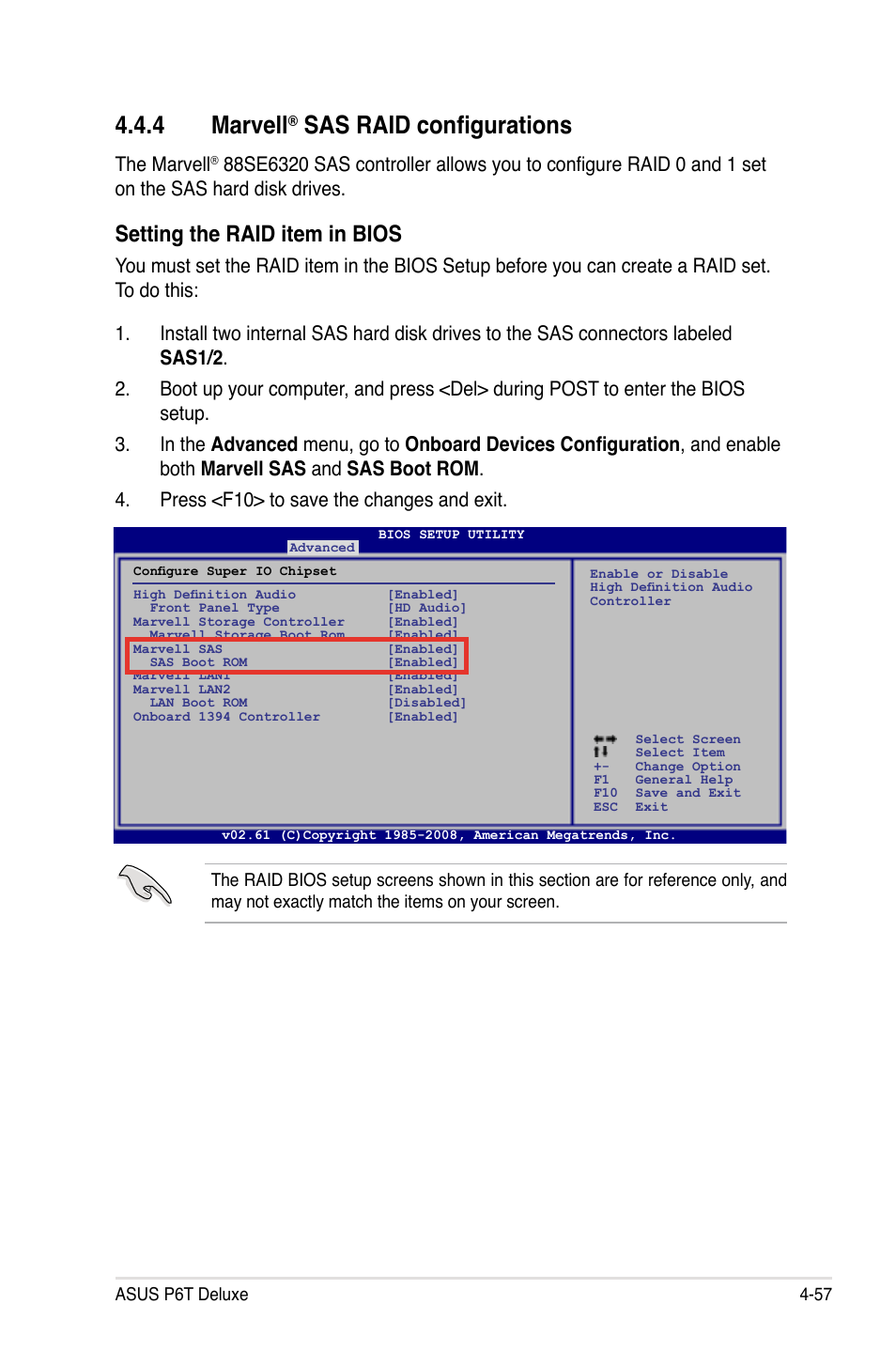 4 marvell® sas raid configurations, Marvell, Sas raid configurations -57 | 4 marvell, Sas raid configurations, Setting the raid item in bios, The marvell | Asus P6T Deluxe User Manual | Page 173 / 196