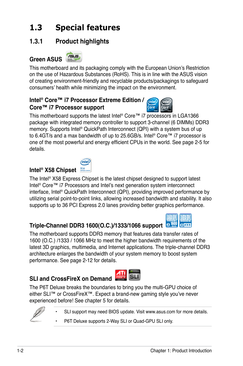 3 special features, 1 product highlights, Special features -2 1.3.1 | Product highlights -2 | Asus P6T Deluxe User Manual | Page 18 / 196