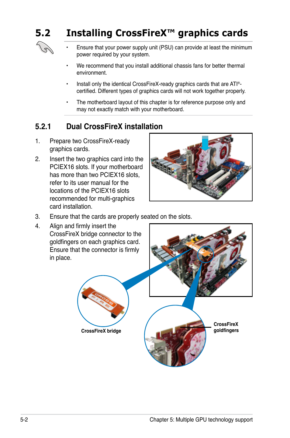 2 installing crossfirex™ graphics cards, 1 dual crossfirex installation, Installing crossfirex™ graphics cards -2 5.2.1 | Dual crossfirex installation -2 | Asus P6T Deluxe User Manual | Page 188 / 196