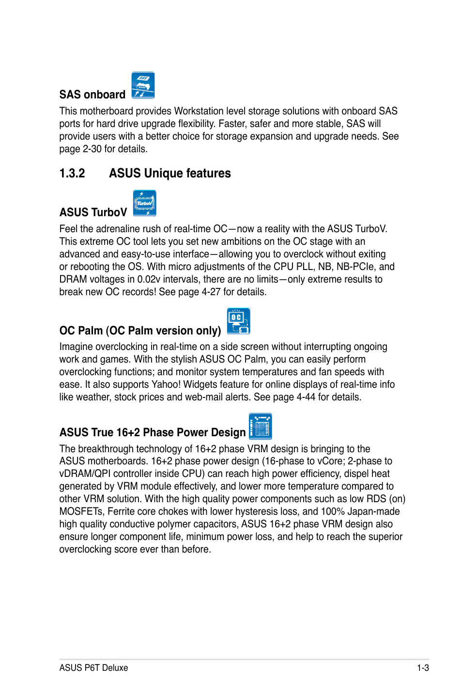 2 asus unique features, Asus unique features -3 | Asus P6T Deluxe User Manual | Page 19 / 196