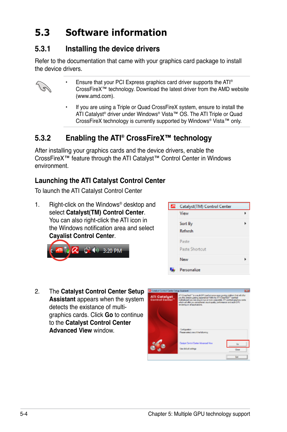 3 software information, 1 installing the device drivers, 2 enabling the ati® crossfirex™ technology | Software information -4 5.3.1, Installing the device drivers -4, Enabling the ati, Crossfirex™ technology -4, 2 enabling the ati, Crossfirex™ technology, Launching the ati catalyst control center | Asus P6T Deluxe User Manual | Page 190 / 196