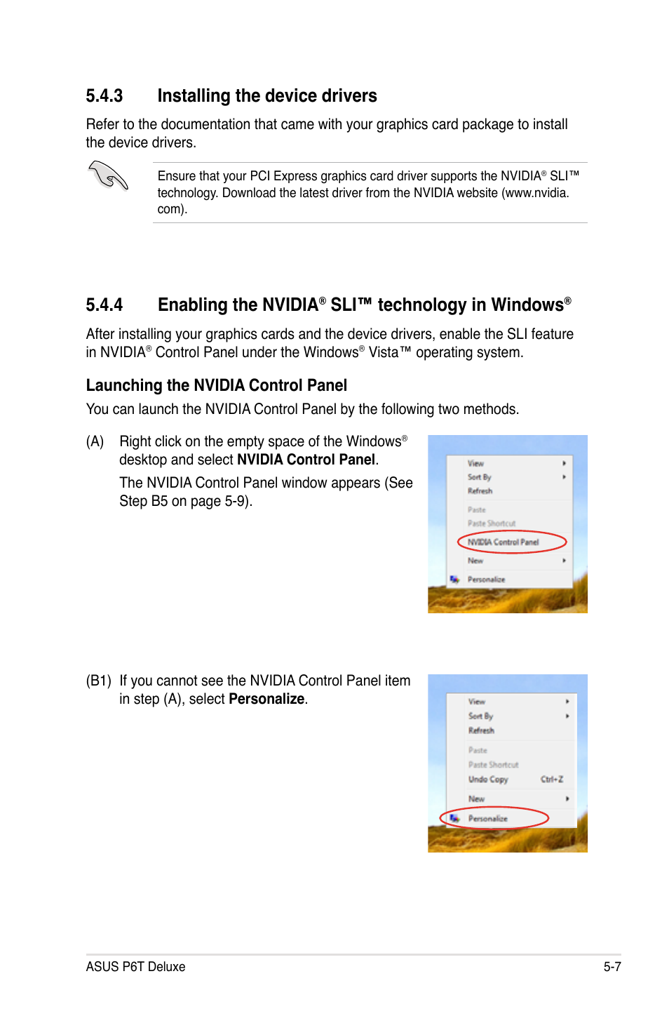 3 installing the device drivers, 4 enabling the nvidia® sli™ technology in windows, Installing the device drivers -7 | Enabling the nvidia, Sli™ technology in windows, 4 enabling the nvidia, Launching the nvidia control panel | Asus P6T Deluxe User Manual | Page 193 / 196