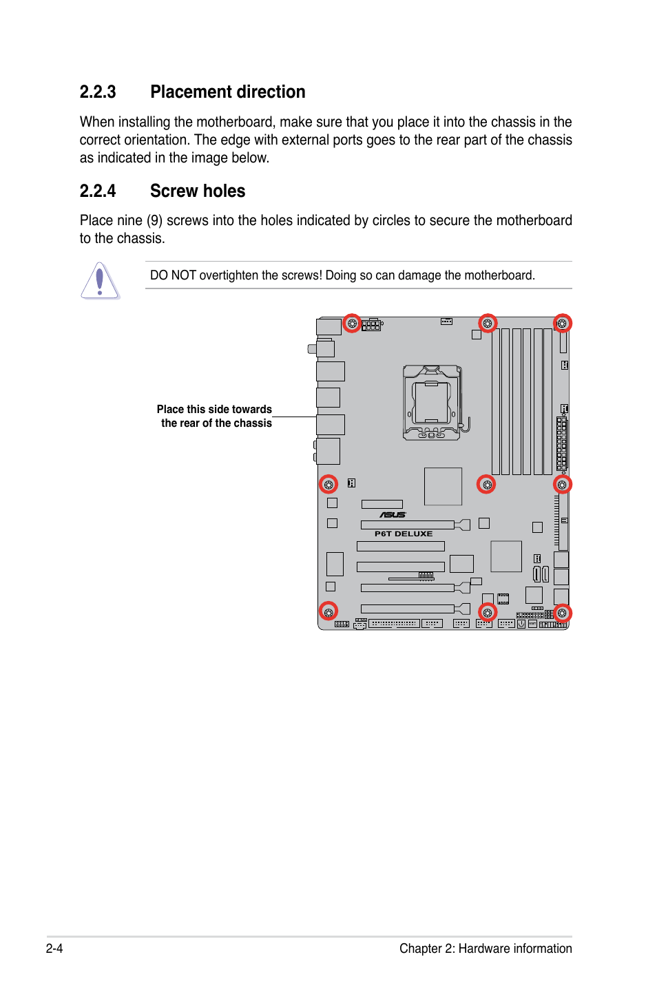 3 placement direction, 4 screw holes, Placement direction -4 | Screw holes -4 | Asus P6T Deluxe User Manual | Page 30 / 196