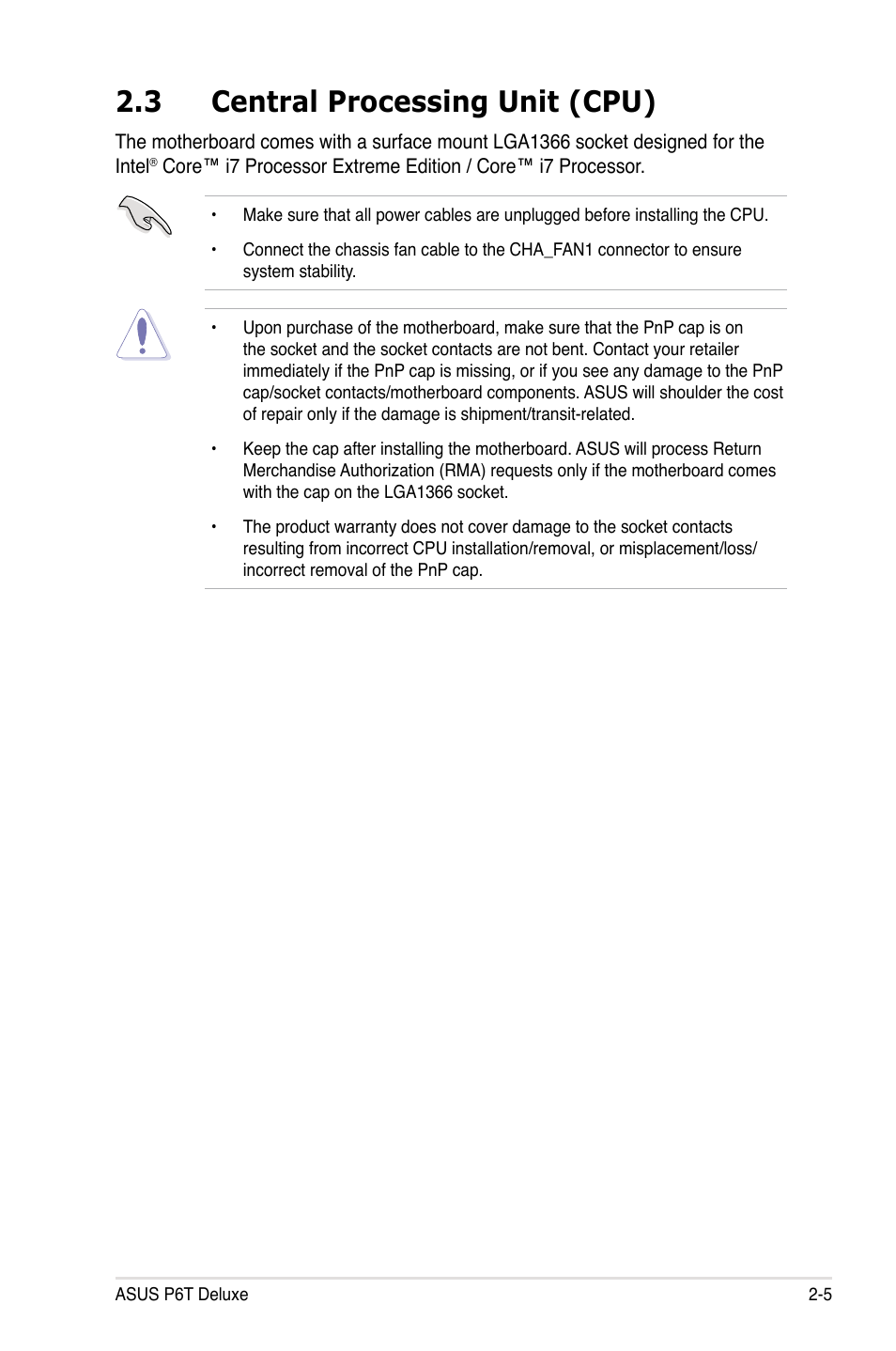 3 central processing unit (cpu), Central processing unit (cpu) -5 | Asus P6T Deluxe User Manual | Page 31 / 196