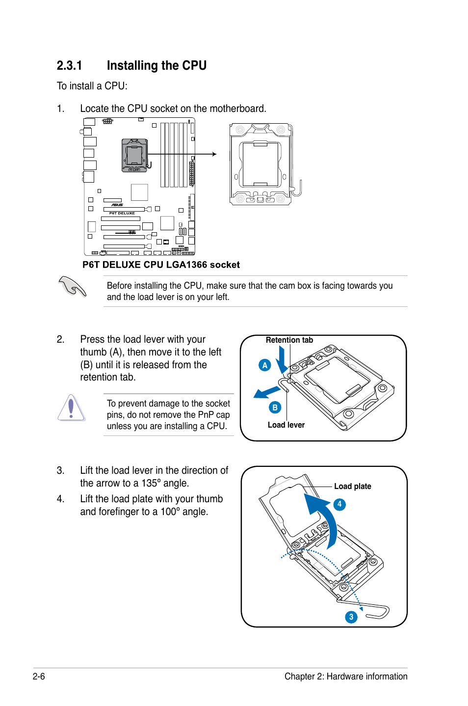 1 installing the cpu, Installing the cpu -6 | Asus P6T Deluxe User Manual | Page 32 / 196