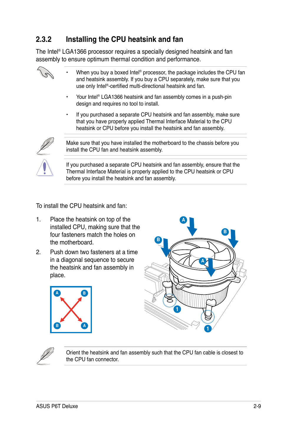 2 installing the cpu heatsink and fan, Installing the cpu heatsink and fan -9 | Asus P6T Deluxe User Manual | Page 35 / 196