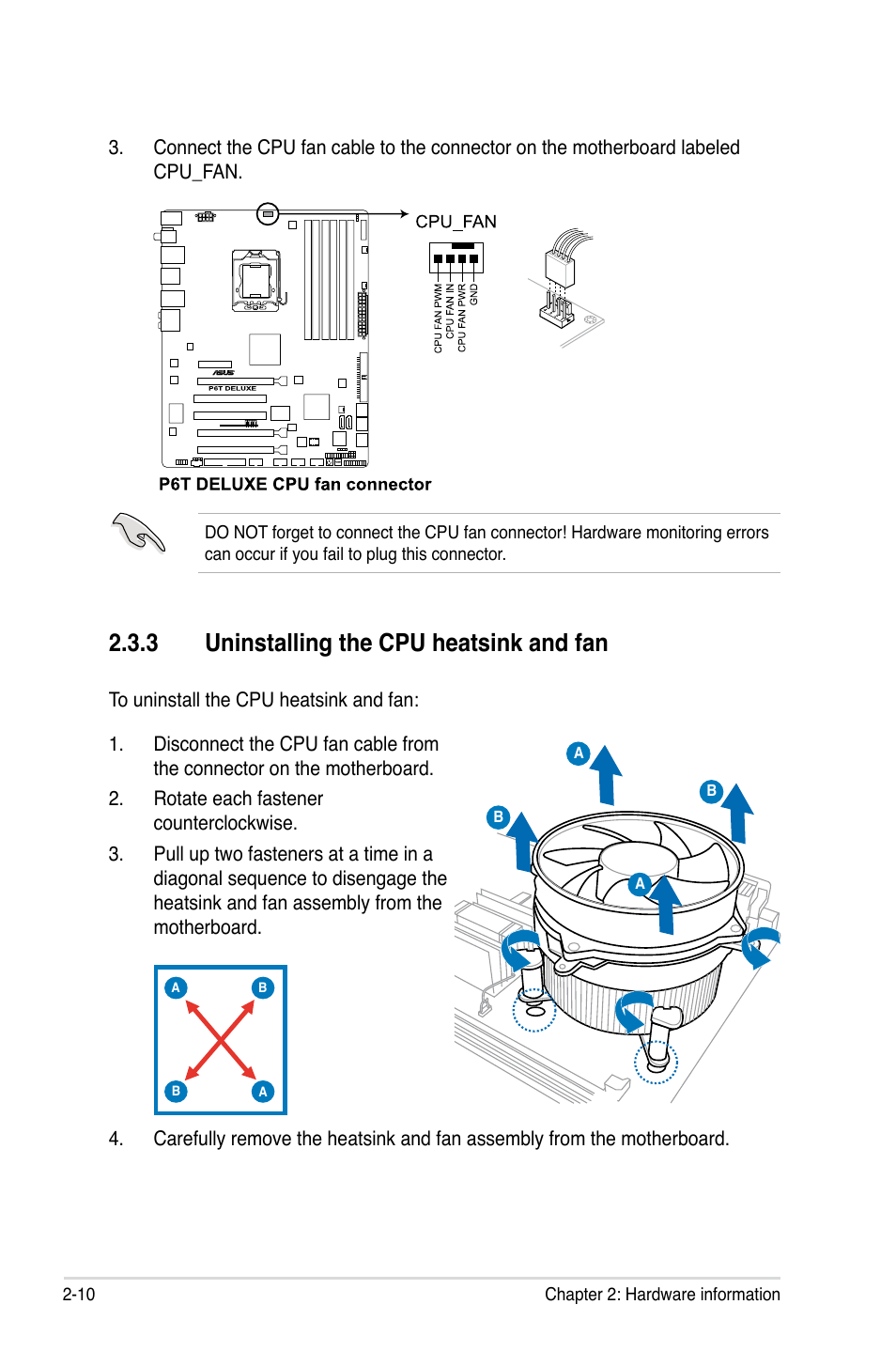 3 uninstalling the cpu heatsink and fan, Uninstalling the cpu heatsink and fan -10 | Asus P6T Deluxe User Manual | Page 36 / 196