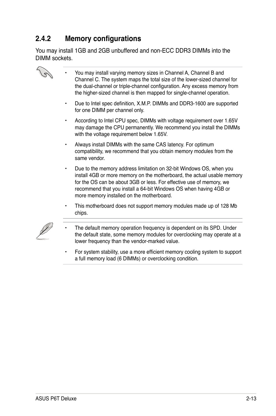 2 memory configurations, Memory configurations -13 | Asus P6T Deluxe User Manual | Page 39 / 196