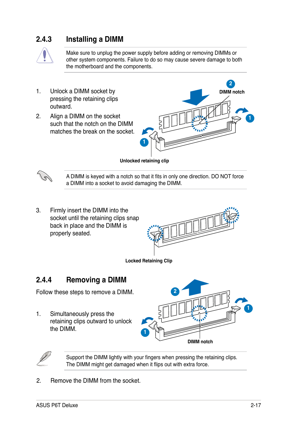 3 installing a dimm, 4 removing a dimm, Installing a dimm -17 | Removing a dimm -17 | Asus P6T Deluxe User Manual | Page 43 / 196