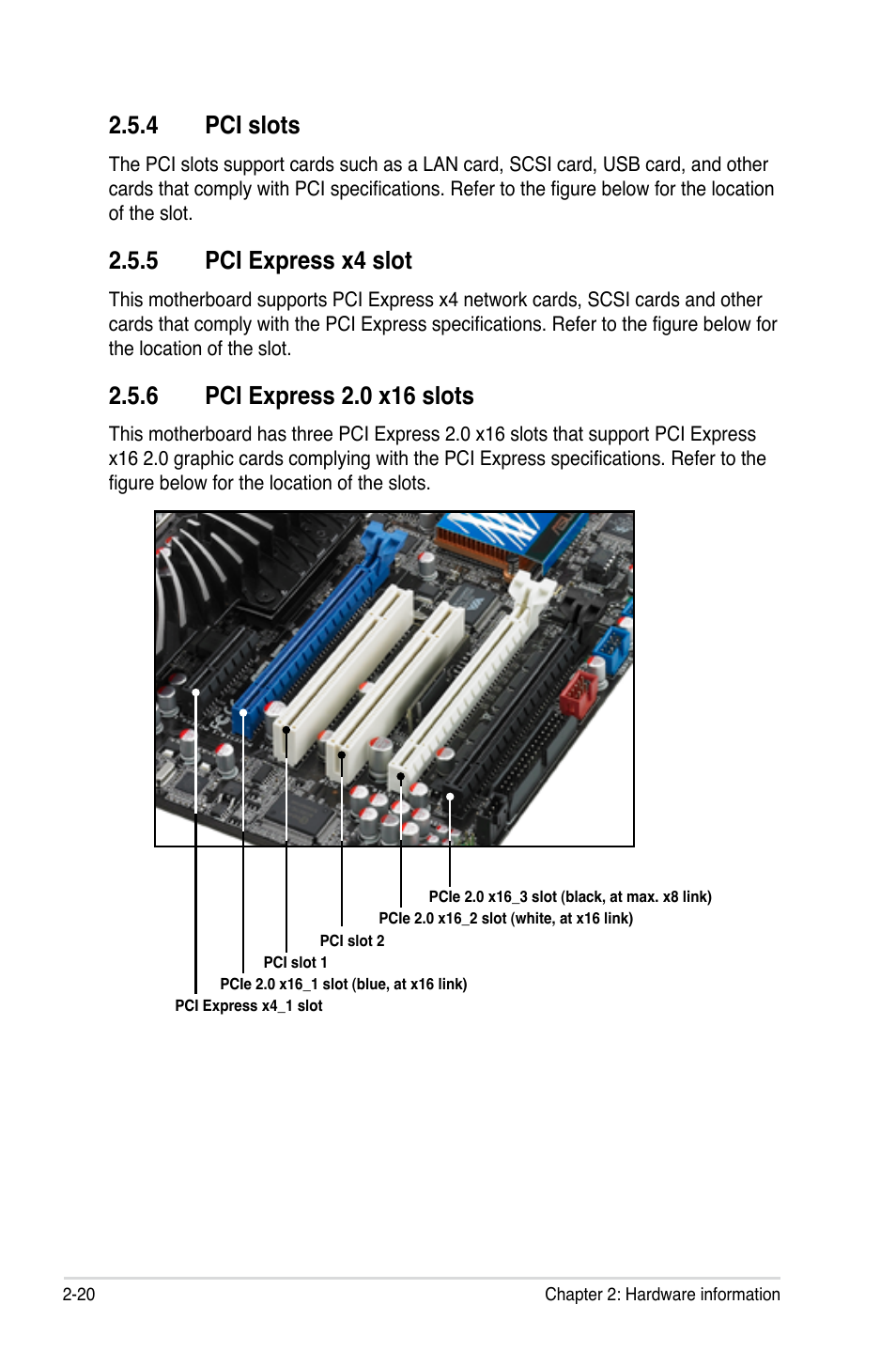 4 pci slots, 5 pci express x4 slot, 6 pci express 2.0 x16 slots | Pci slots -20, Pci express x4 slot -20, Pci express 2.0 x16 slots -20 | Asus P6T Deluxe User Manual | Page 46 / 196