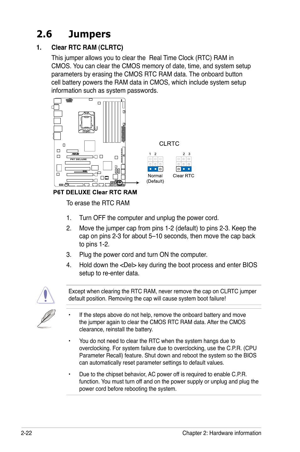 6 jumpers, Jumpers -22 | Asus P6T Deluxe User Manual | Page 48 / 196