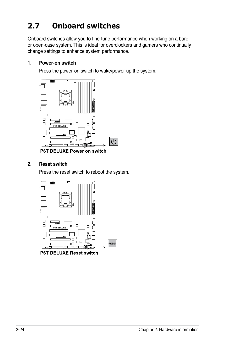 7 onboard switches, Onboard switches -24 | Asus P6T Deluxe User Manual | Page 50 / 196