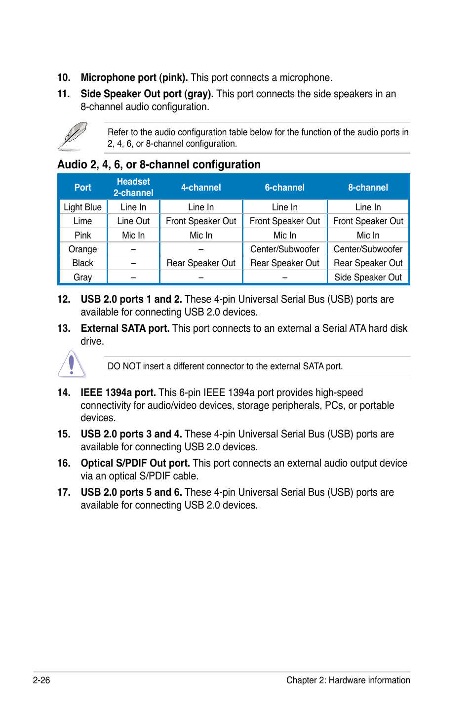 Audio 2, 4, 6, or 8-channel configuration | Asus P6T Deluxe User Manual | Page 52 / 196