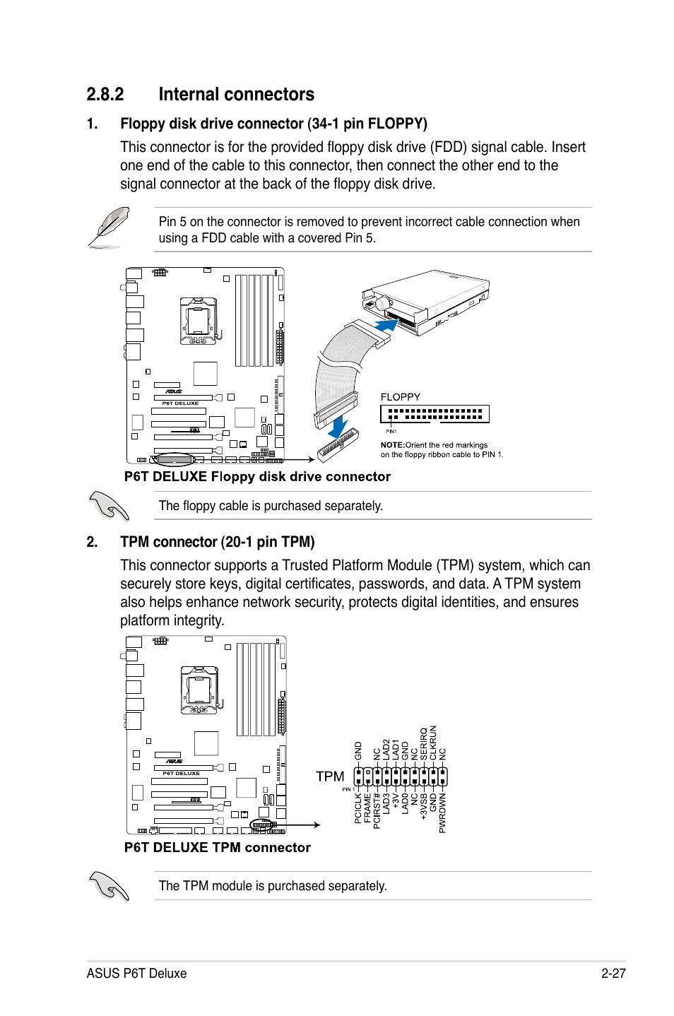 2 internal connectors, Internal connectors -27 | Asus P6T Deluxe User Manual | Page 53 / 196