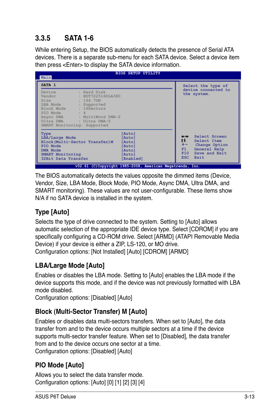 5 sata 1-6, Sata 1-6 -13, Type [auto | Lba/large mode [auto, Block (multi-sector transfer) m [auto, Pio mode [auto | Asus P6T Deluxe User Manual | Page 83 / 196