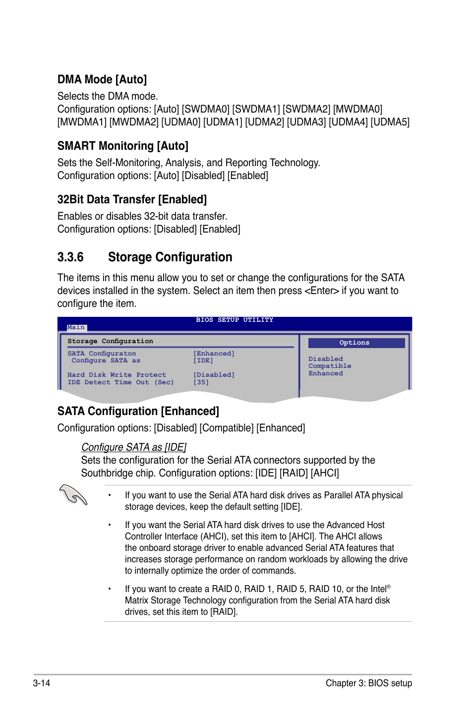 6 storage configuration, Storage configuration -14, Dma mode [auto | Smart monitoring [auto, 32bit data transfer [enabled, Sata configuration [enhanced | Asus P6T Deluxe User Manual | Page 84 / 196