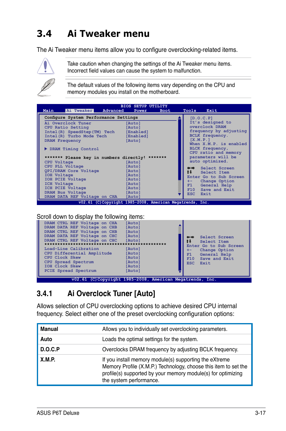 4 ai tweaker menu, 1 ai overclock tuner [auto, Ai tweaker menu -17 3.4.1 | Ai overclock tuner -17, Scroll down to display the following items, Asus p6t deluxe 3-17 | Asus P6T Deluxe User Manual | Page 87 / 196