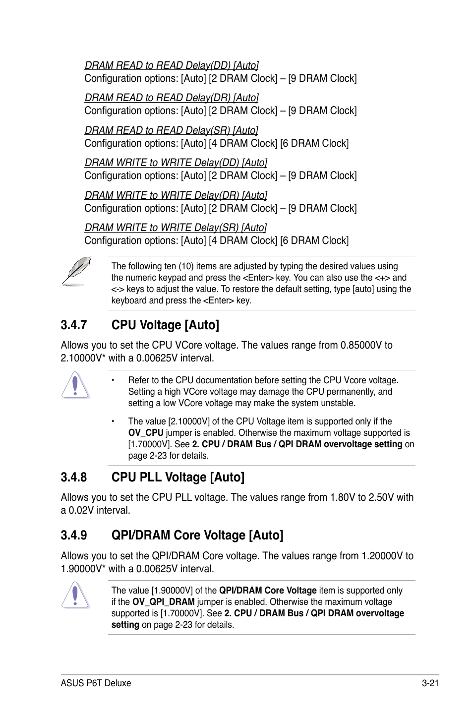 7 cpu voltage [auto, 8 cpu pll voltage [auto, 9 qpi/dram core voltage [auto | Cpu voltage -21, Cpu pll voltage -21, Qpi/dram core voltage -21 | Asus P6T Deluxe User Manual | Page 91 / 196