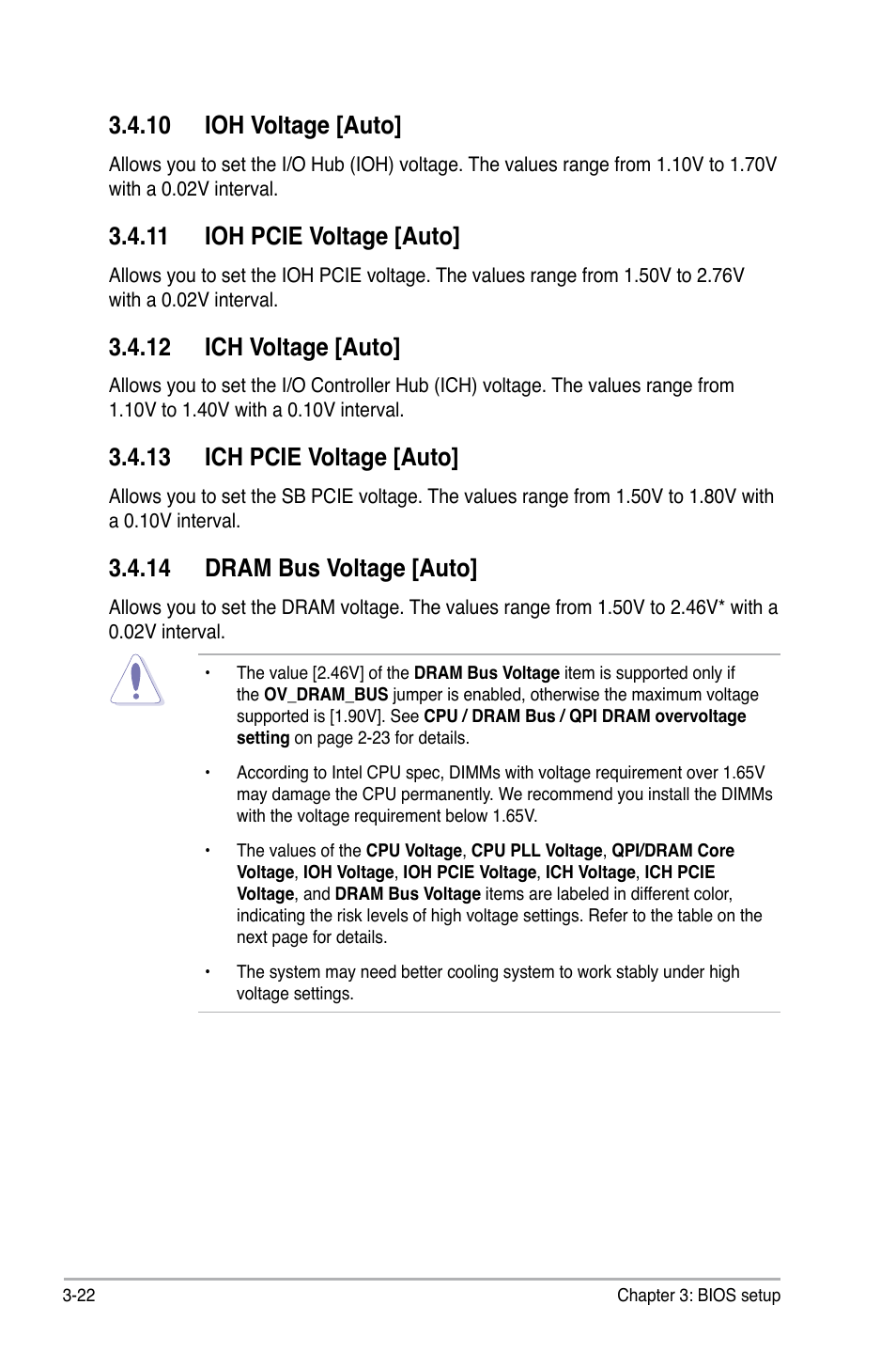 10 ioh voltage [auto, 11 ioh pcie voltage [auto, 12 ich voltage [auto | 13 ich pcie voltage [auto, 14 dram bus voltage [auto | Asus P6T Deluxe User Manual | Page 92 / 196