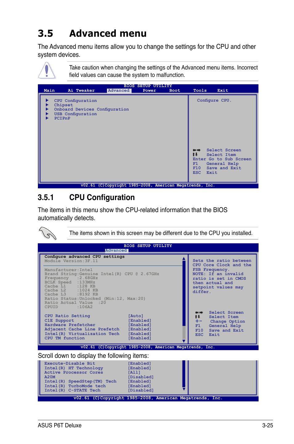 5 advanced menu, 1 cpu configuration, Advanced menu -25 3.5.1 | Cpu configuration -25, Scroll down to display the following items, Asus p6t deluxe 3-25 | Asus P6T Deluxe User Manual | Page 95 / 196