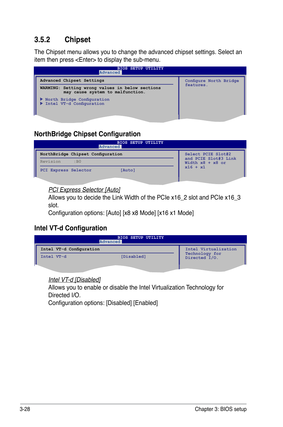 2 chipset, Chipset -28, Northbridge chipset configuration | Intel vt-d configuration | Asus P6T Deluxe User Manual | Page 98 / 196