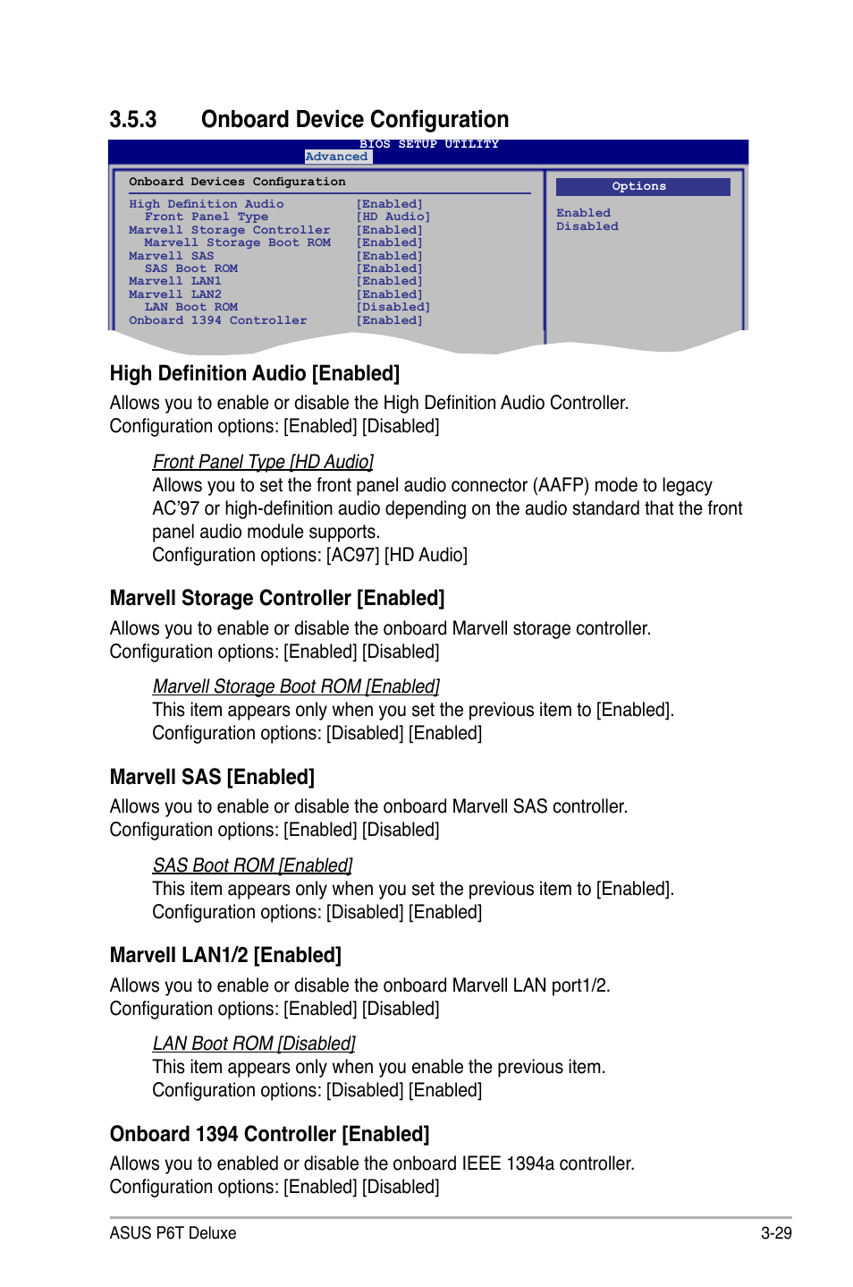 3 onboard device configuration, Onboard device configuration -29, High definition audio [enabled | Marvell storage controller [enabled, Marvell sas [enabled, Marveli lan1/2 [enabled, Onboard 1394 controller [enabled | Asus P6T Deluxe User Manual | Page 99 / 196