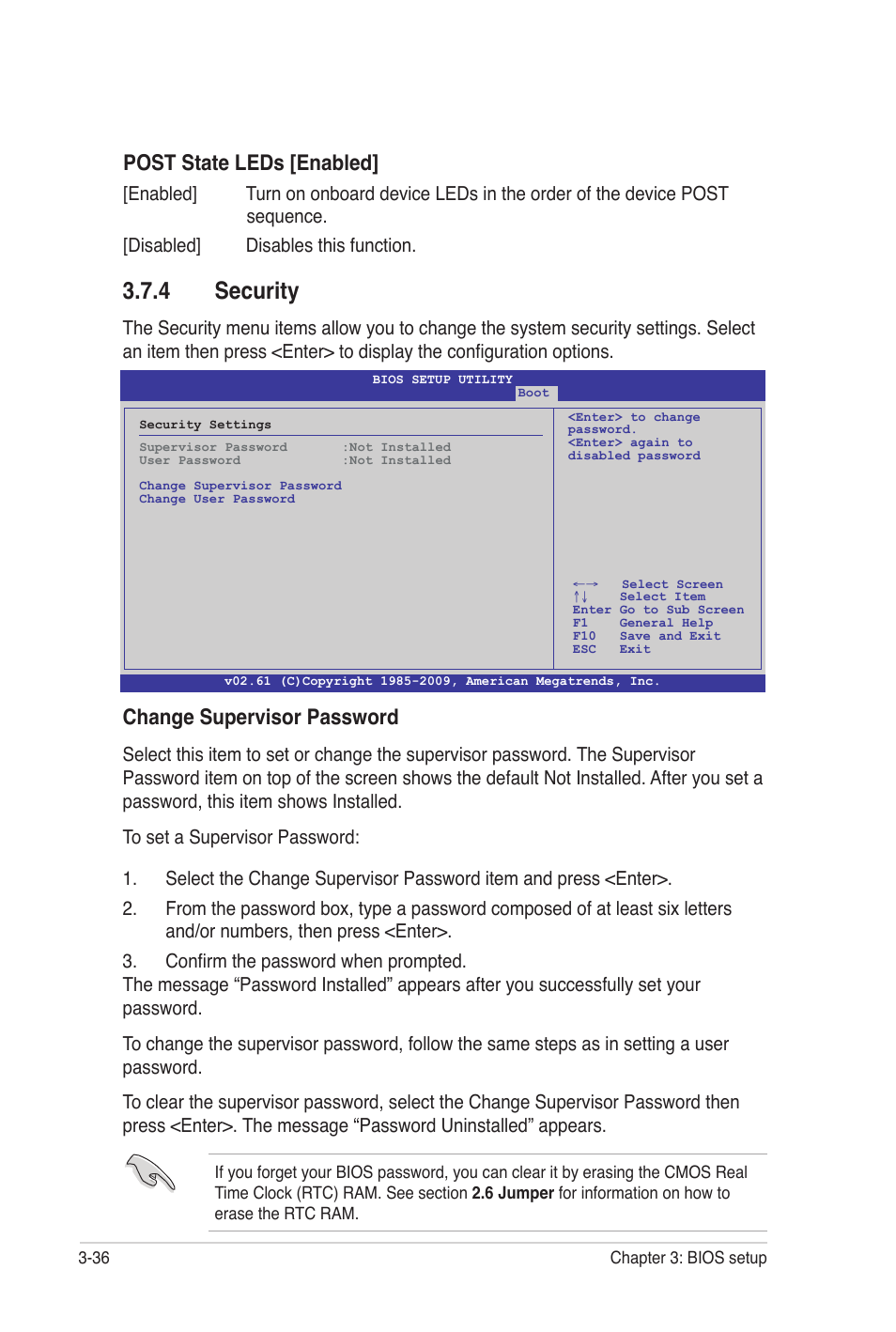 4 security, Change supervisor password, Post state leds [enabled | Asus P7P55 WS SUPERCOMPUTER User Manual | Page 100 / 156
